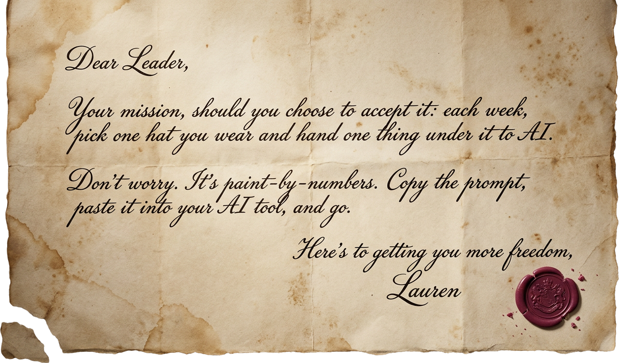 A handwritten note on old parchment with a wax seal. Dear Leader, Your mission, should you choose to accept it: each week, pick one hat you wear and hand one thing under it to AI. Don’t worry. It’s paint-by-numbers. Copy the prompt, paste it into your AI tool, and go. Here’s to getting you more freedom, Lauren